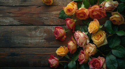 A stunning arrangement of roses adorning a rustic brown wooden surface