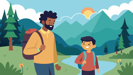 A mentor and their neurodivergent mentee hiking through a scenic forest with the mentor teaching the mentee about nature and mindfulness along the. Vector illustration