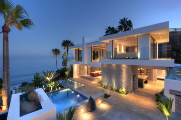 Fototapeta premium Modern contemporary illuminated house design exterior. Luxurious new construction home with panoramic windows, pool, patio