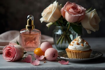 Still life with perfume bottles, beauty products, ice cream, roses
