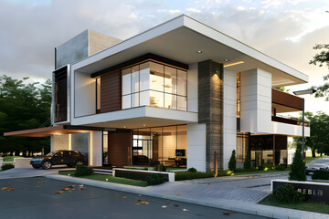 Modern contemporary illuminated house design exterior. Luxurious new construction home with panoramic windows, pool, patio