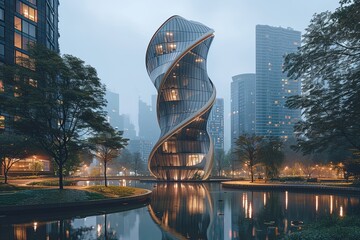 Futuristic Skyscraper: Helix-Exterior Marvel Surrounding City Lights Moat