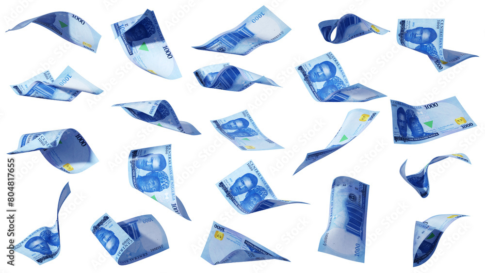 Aufkleber 3D rendering of 1000 Nigerian naira notes flying in different angles and orientations isolated on transparent background