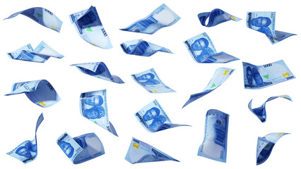 Obraz premium 3D rendering of 1000 Nigerian naira notes flying in different angles and orientations isolated on transparent background