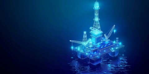 Hologram of an oil rig on a blue background, oil platform isometric model