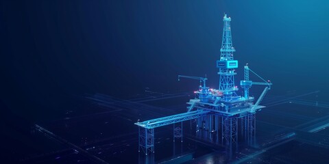 Hologram of an oil rig on a blue background, oil platform isometric model