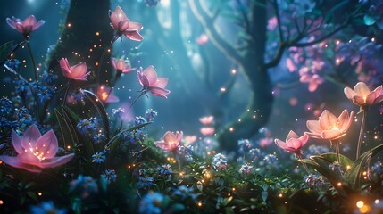 Enchanted Fairy Garden Overrun with Bioluminescent Blossoms Shimmering in the Ethereal Night