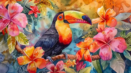 Naklejka premium Watercolor depiction of a colorful toucan sitting amidst tropical flowers, the vivid colors ideal for stimulating a child's visual senses