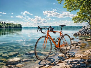 Fototapeta premium Bicycle on the shore of the lake in a beautiful summer day