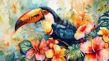Naklejka premium Watercolor depiction of a colorful toucan sitting amidst tropical flowers, the vivid colors ideal for stimulating a child's visual senses