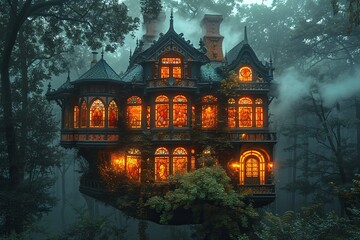 Mystical Floating Castle: Stained-Glass Serenity in Ethereal Mist