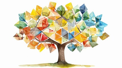 Watercolor illustration of a whimsical tree with leaves shaped like different geometric shapes, each labeled with its name to educate and engage