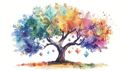 Watercolor illustration of a whimsical tree with leaves shaped like different geometric shapes, each labeled with its name to educate and engage - obrazy, fototapety, plakaty