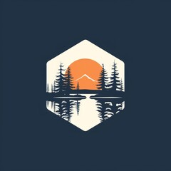 A logo of a sunset sun over a river with forest around and mountains in the background, on a hexagon shape, very minimal and in a 2D style, for photography and adventure style works.