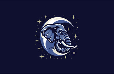 Moon and Elephant vector illustration flat design logo