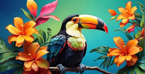 Naklejka premium Tropical background with exotic toucan bird and flowers illustration.