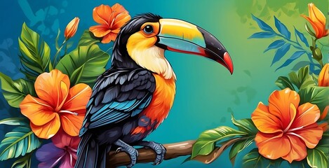 Naklejka premium Tropical background with exotic toucan bird and flowers illustration.