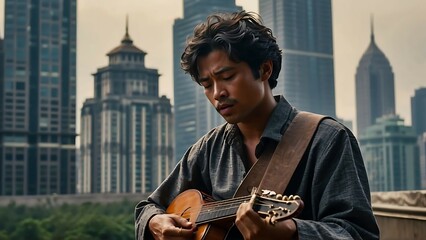 Young asian man playing acoustic guitar in the city with skyscrapers