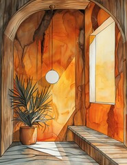 The image is a watercolor painting of a room with a large arched window