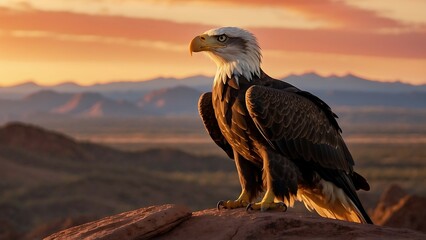 Eagle perched in the desert at sunset
