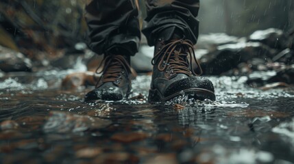Close-up of hiking boots walking in forest with wet ground, trail in the forest on a rainy day