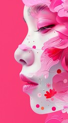 The image shows a beautiful woman with pink flowers on her face. The background is pink.