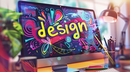 Computer screen displaying the word "design" in colorful text on a work desk with design tools