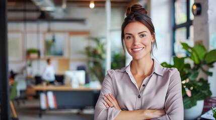 Portrait of a smiling young businesswoman standing in her trendy office 