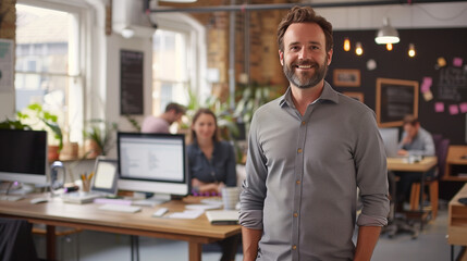 Portrait of a smiling young businessman standing in his trendy office 