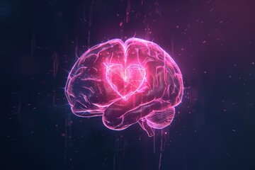 Illuminated Brain Illustration Featuring Heart-Shaped Neural Connections Against black Background