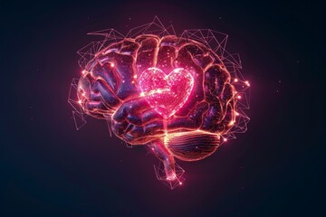 Illuminated Brain Illustration Featuring Heart-Shaped Neural Connections Against black Background