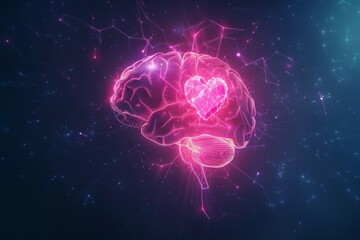 Illuminated Brain Illustration Featuring Heart-Shaped Neural Connections Against black Background