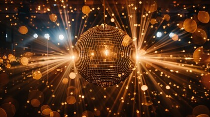 Golden disco ball on background with glowing lights and bokeh effect 

