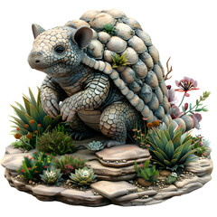 A whimsical 3D cartoon rendering of an armadillo leading a lost group through a forest.
