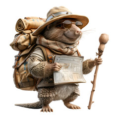A 3D cartoon depiction of an armadillo showing lost explorers the right path.