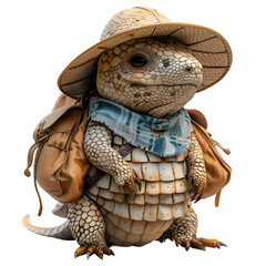 A vibrant 3D cartoon illustration of an armadillo guiding stranded tourists to a safe place.