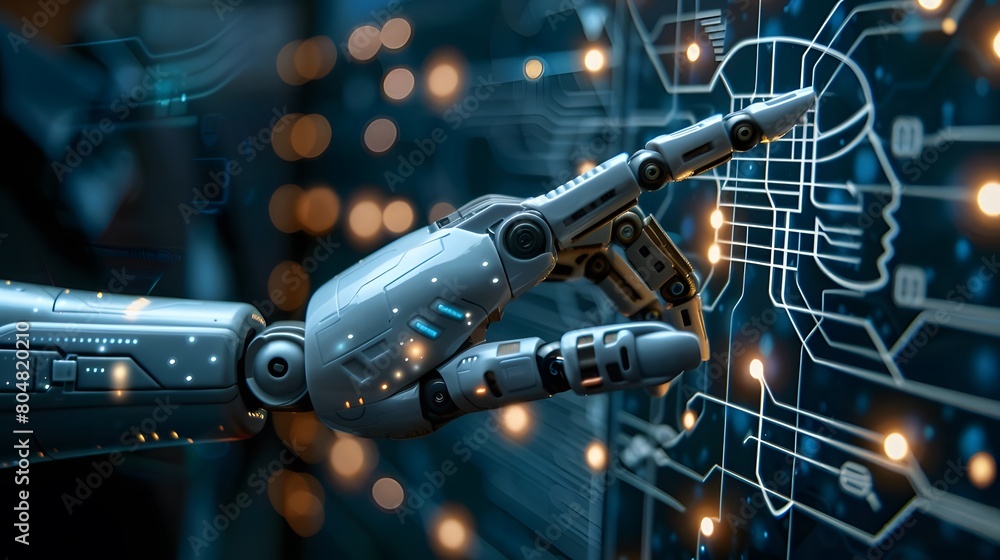 Poster hand of robot touching screen