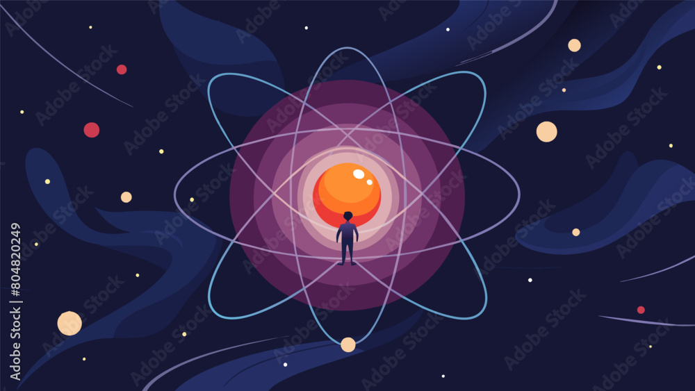 Aufkleber at the very core of the anxiety atom a small image of an unknown future pulses with a dim uncertain 
