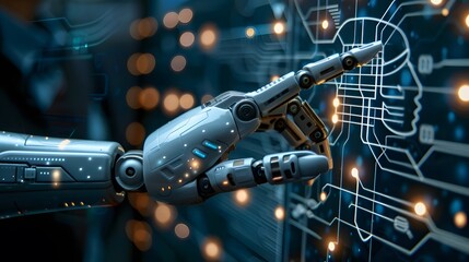 Fototapeta premium hand of robot touching screen
