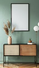 3D rendering, modern interior design of living room with blank wooden frame mockup on the wall, green pastel color walls, sideboard and vase with dried grass, minimalist style