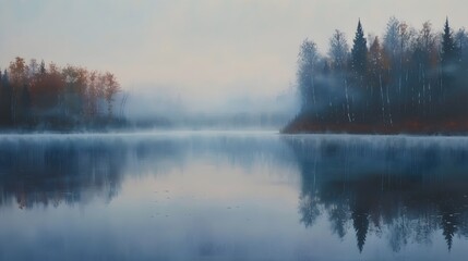Fototapeta na wymiar Tranquil Morning on a Reflection-Adorned Lake