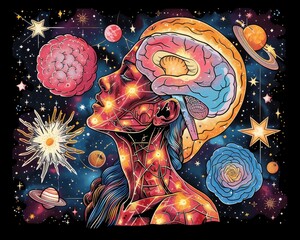 Colorful illustration of a human head profile with brain and cosmic elements, representing creativity and imagination