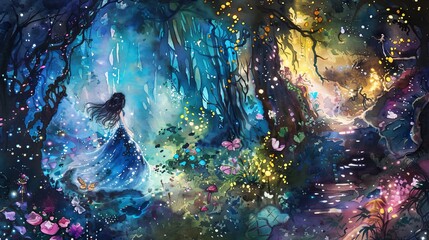 Watercolor of a princess in a lush enchanted forest, surrounded by magical creatures and sparkling lights, perfect for inspiring wonder