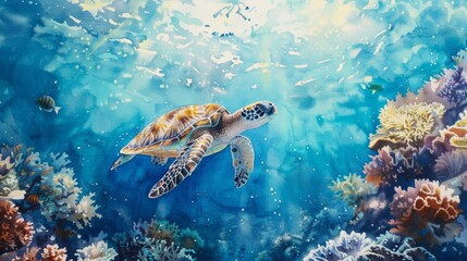 Watercolor of a sea turtle gliding gracefully through crystal blue waters, surrounded by colorful coral and small fish, creating a tranquil underwater scene