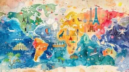 Watercolor of a vibrant world map with playful icons marking famous landmarks, paired with alphabet letters to introduce geography and literacy