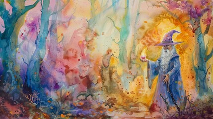 Watercolor of a wise old wizard casting spells in an enchanted forest, vibrant colors bringing the magical scene to life for a child's room