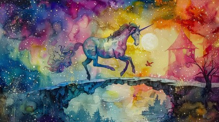 Watercolor painting of a majestic unicorn galloping across a rainbow bridge, surrounded by glittering stars in a mystical sky