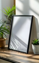 A black frame mockup leaning against a table in a modern home interior with a white wall, a plant on it, in the style of a minimalistic style