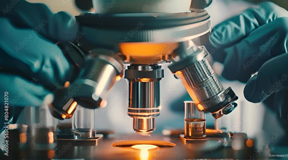 Poster close up of a scientists hands in blue gloves working in the laboratory with machine.