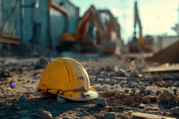 Yellow construction helmet on the ground with a blurred background of a construction area with machinery